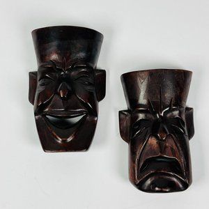 Wood Carved Tiki MCM Comedy & Tragedy Mask Hanging Plaques